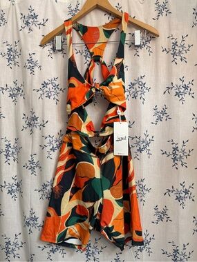 Lezat Cutout Tie-Front Romper in Orange, Green & Black